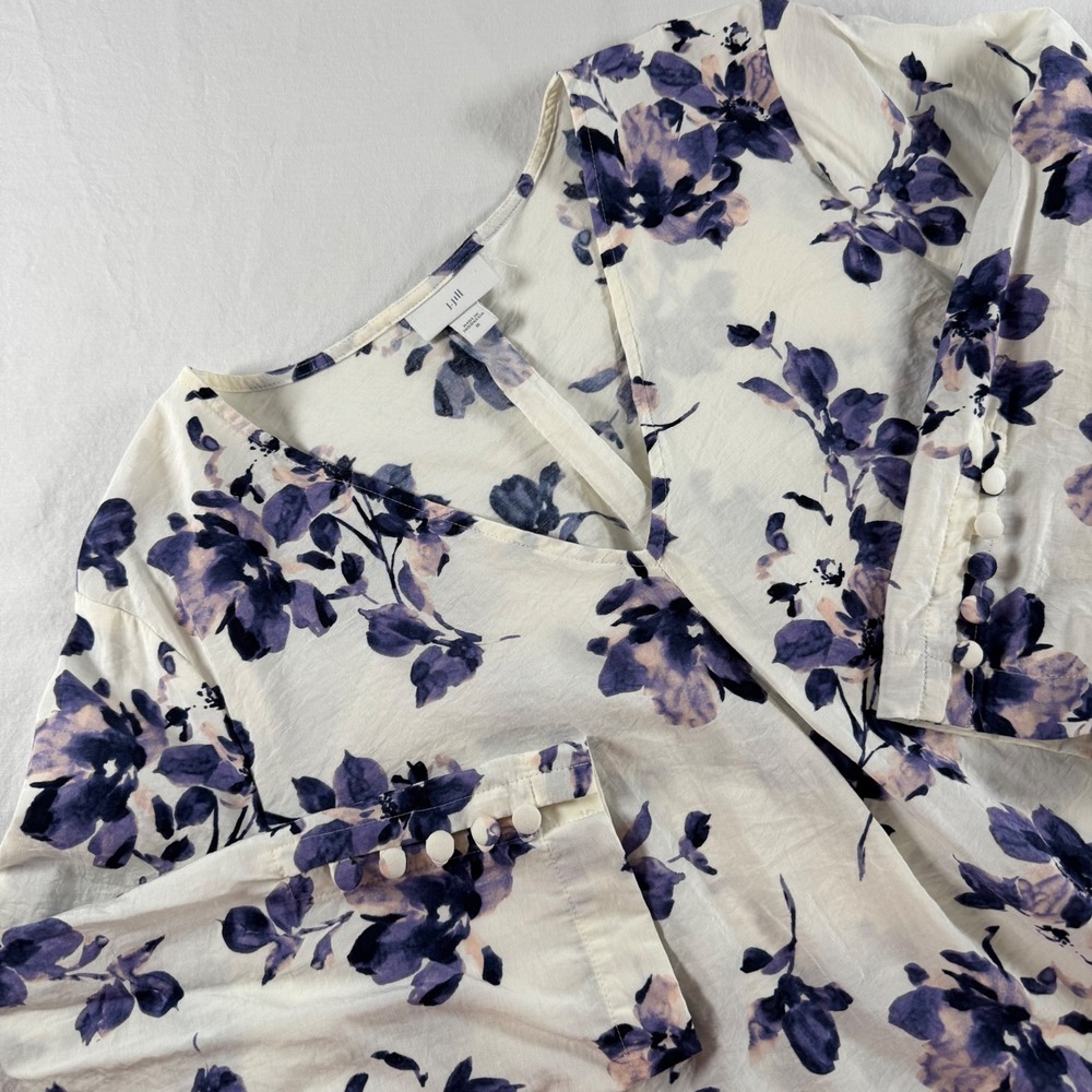 J.Jill Women's Size‎ M Ivory Floral V-Neck 3/4 Sleeve Button Cuff Tunic